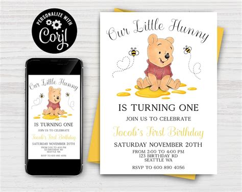 Editable Our Little Hunny Is Turning One Birthday Invitation Etsy