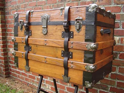 Antique Wood Trunk With Leather Straps Antique Candle Co