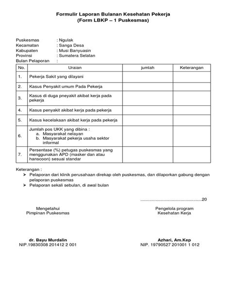 Formulir Laporan Bulanan Kesehatan Pekerja
