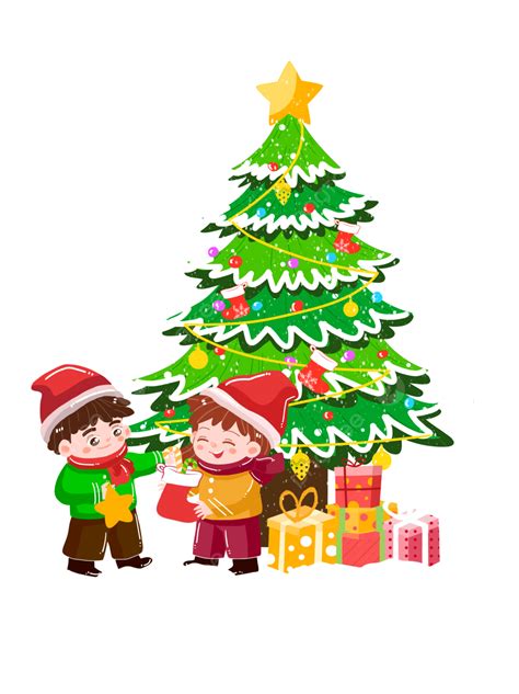Los Niños De Dibujos Animados De Navidad Visten El árbol De Navidad Png
