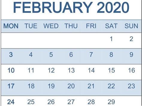Printable February Calendar For 2020 Waterproof Paper 12 Month