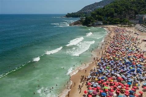 Drone Shot Of A Crowded Leblon Beach In Rio De Janeiro Brazil Stock