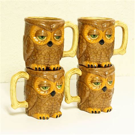 Vintage Owl Coffee Mug Cup Set Of 4 Brown Sleepy Owls Etsy Owl