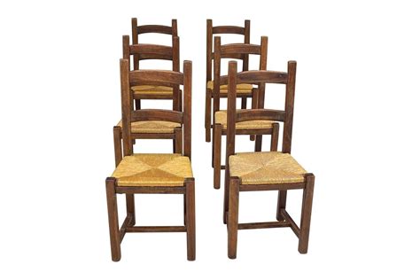 Ensemble de 6 chaises en paille et bois massif, 1950