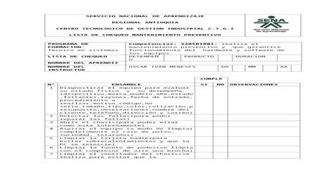 Lista De Chequeo Mantenimiento Preventivo 2 Docx Document