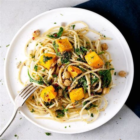 Butternut Squash Spaghetti With Spinach Chickpeas Toasted Breadcrumbs