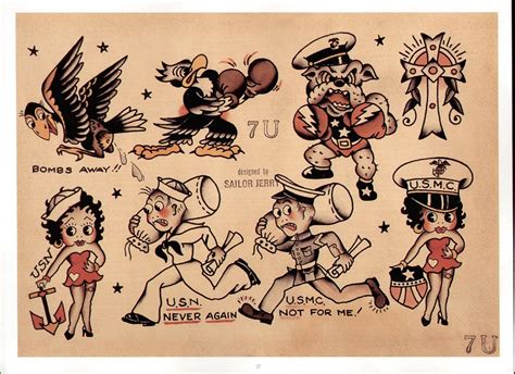 An Old School Tattoo Flash Sheet With Cartoon Characters