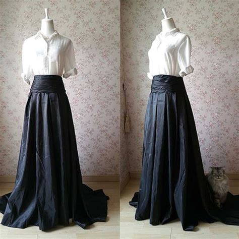 real photo black long taffeta skirts for women high waist floor length pleated maxi … black