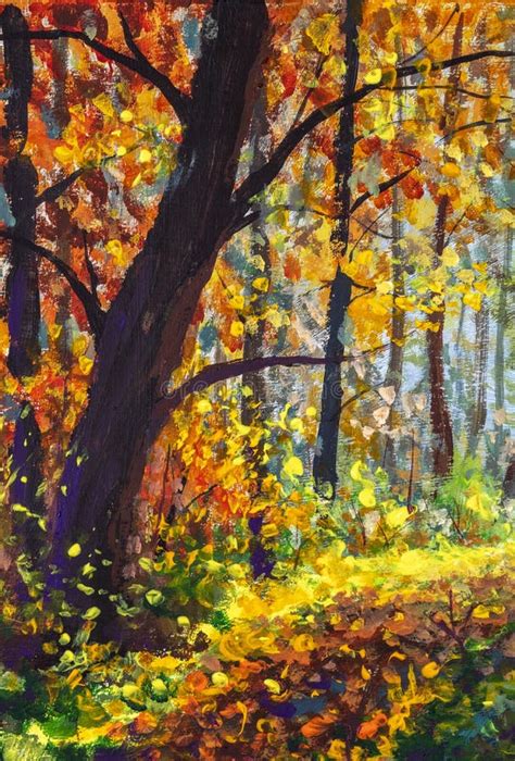 Autumn Landscape Oil Painting Gold Orange Autumn Trees In Sunny Park