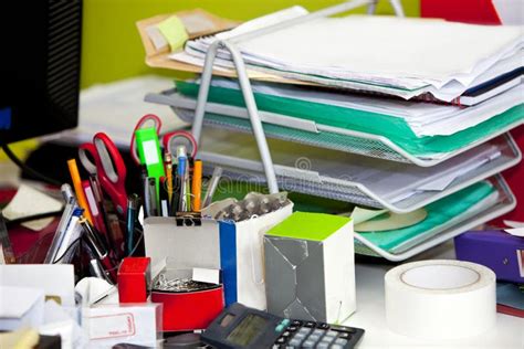 Close Up Of Real Life Messy Desk In Office Stock Image Image Of Space