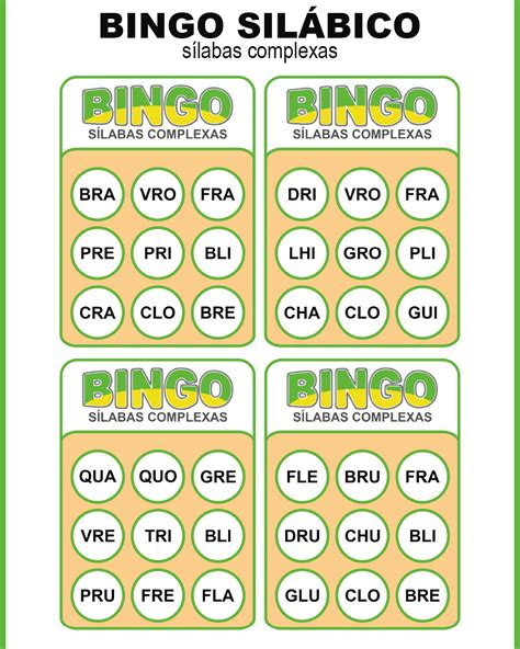 Bingo silábico Sílabas complexas Atividades pedagógicas Hotmart