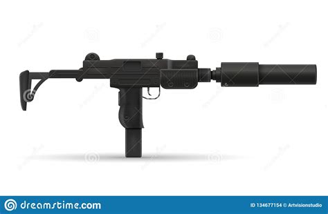 Submachine Machine Hand Gun Weapons Black Outline Silhouette Stock