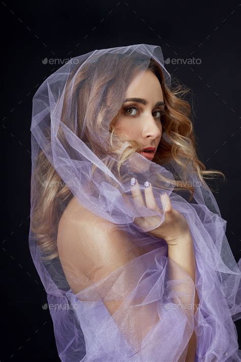 Woman Wrapped In Purple Fabric Beautiful Slim Figure Purity And Integrity Perfect Face