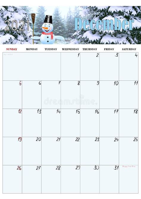 Calendar For December 2021 With Photo Of Winter Snowman Home Planner
