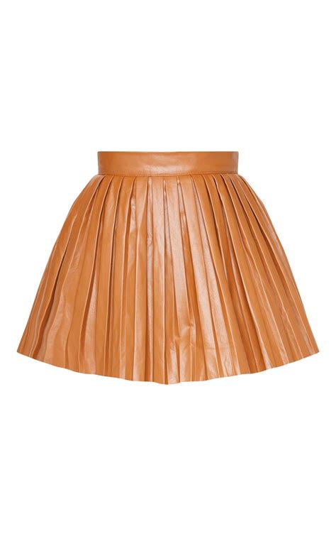 Camel Faux Leather Pleated Skater Skirt Prettylittlething