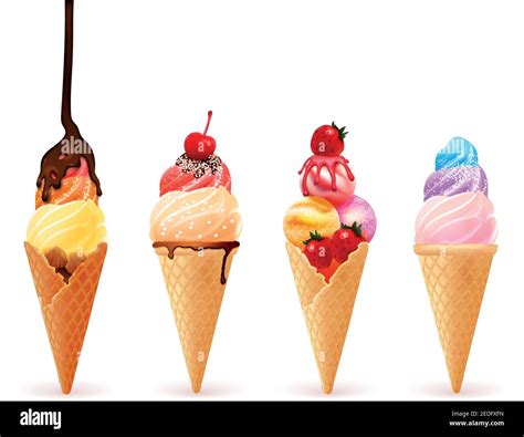 Ice Cream Cone Set With Four Realistic Colorful Icecream Wafers Of Different Taste With Berry