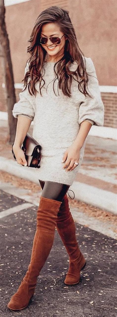 Winter Outfit Idea Cashmere Sweater Dress Bag Leggings Brown Over Knee Boots Winter