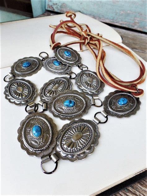 Vintage Silver And Turquoise Metal Medallion Leather Belt Etsy