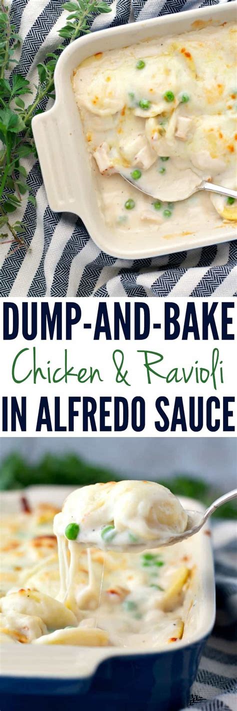 A plate of pasta topped with creamy alfredo sauce and chicken is a hearty meal option. Dump and Bake Chicken & Ravioli in Alfredo Sauce - The ...