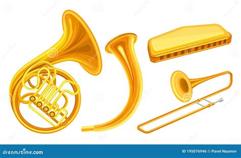 Brass Musical Instruments With Trombone And Horn Vector Set Stock