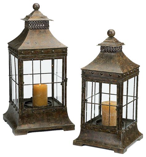 Old World Design Metal Candle Lanterns Set Of 2 Contemporary