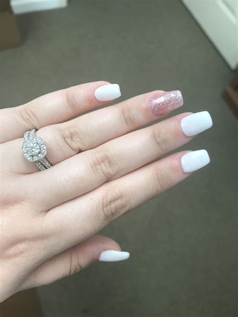 Short Coffin White With Pink Glitter Accent Acrylic And Gel Nails