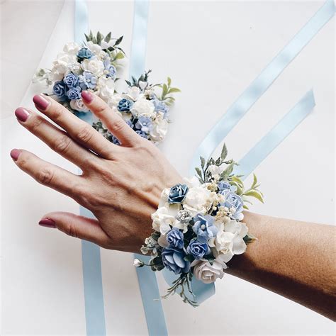 Dusty Blue Wrist Corsage Floral Wrist Corsages Blue Wrist Etsy In Bridesmaid Corsage