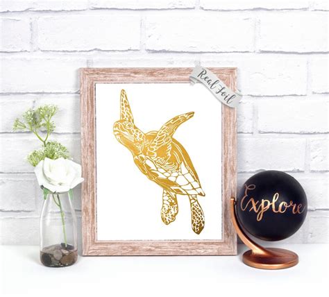 Nautical Sea Turtle Decor Gold Foil Print Sea Turtle Art Etsy