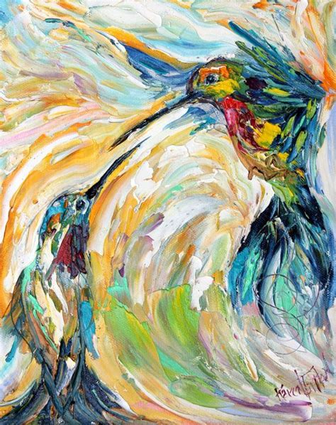Bird Painting Original Impasto Abstract Hummingbirds Oil Palette Knife