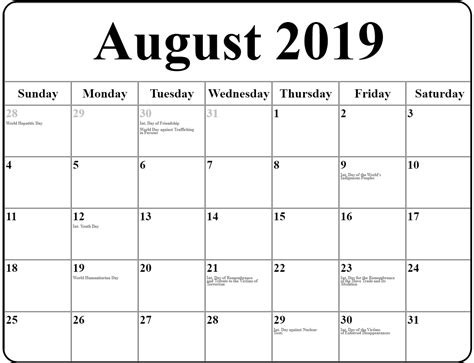 August 2019 Calendar With Holidays Usa Uk Canada Calendar Australia