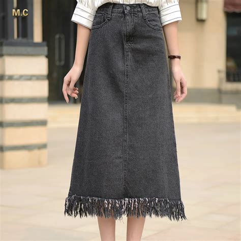 Casual Tassel Denim Skirts Women Plus Size A Line Cotton Skirts Long Summer Spring Autumn