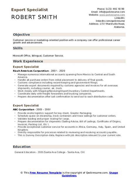 This resume example is a … Export Specialist Resume Samples | QwikResume