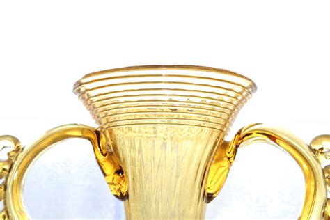 Reserved Antique Victorian Amber Art Glass Vase Ribbed With Ruffled Handles