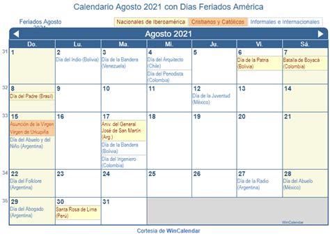 Calendario Agosto 2021 Para Imprimir América