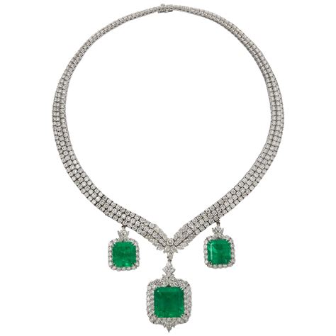 Gia Certified 16 Ct Emerald Cut Colombian Emerald And Diamond Necklace