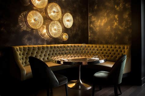 Interior Of Modern Luxury Restaurant Golden Table With Couch