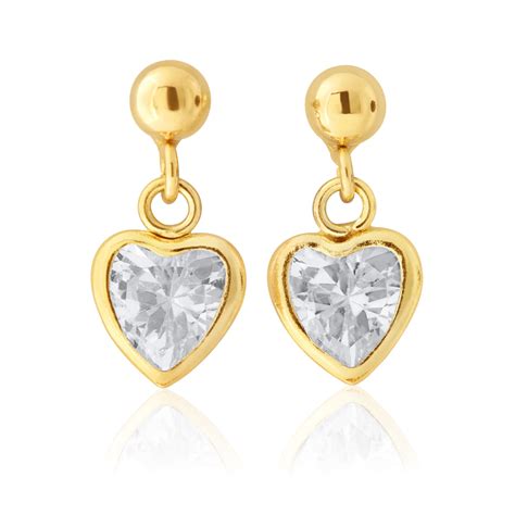 9ct yellow gold heart shape zirconia drop earrings 11253055 jewellery shiels jewellers