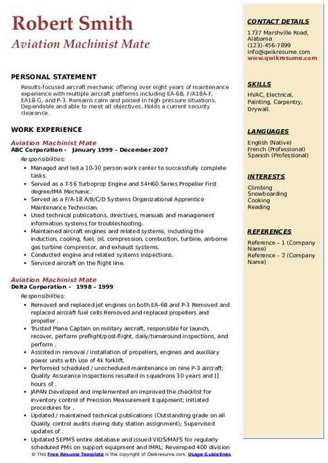 Workbloom's resume templates all come with matching cover letters. Aviation Machinist Mate Resume Samples | QwikResume