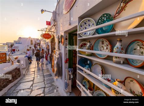 Shops Selling Souvenirs At Oia At Sunset Santorini Cyclades Aegean