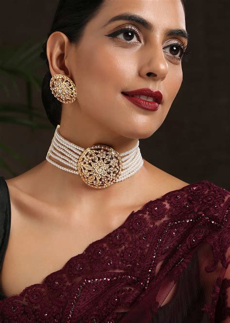 Buy Gold Choker Necklace Set With An Intricate Pendant Set In Pearl