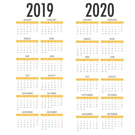 Calendario Para 2020 2019 Sobre Fondo Blanco Plantilla De Vector