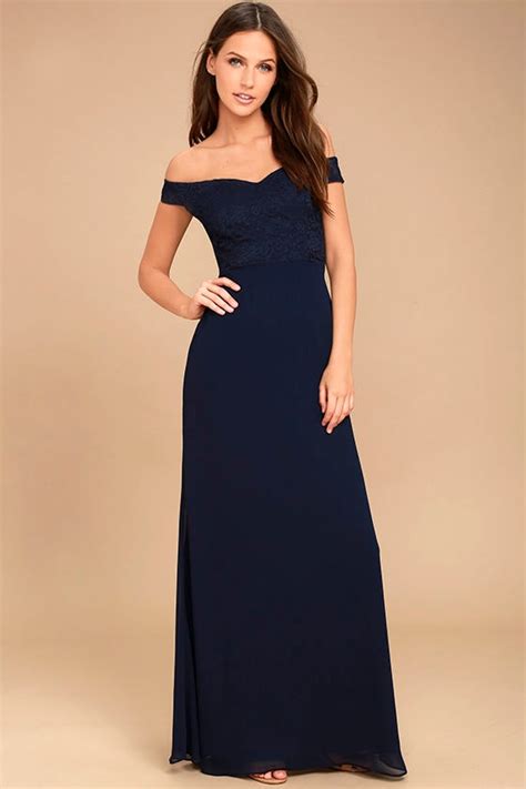 Lovely Navy Blue Maxi Lace Maxi Dress Off The Shoulder Maxi Dress