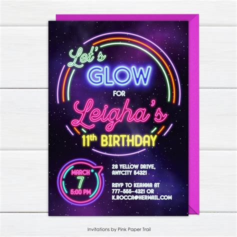 Glow Lights Birthday Invitation Neon Glow Birthday Etsy