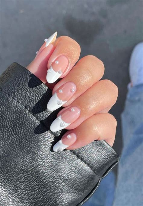 37 Cute Spring Nail Art Designs White French Tip Nails With Pearls