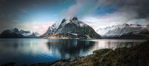 Nature Landscape Fjord Mountains Snowy Peak Clouds Norway Spring