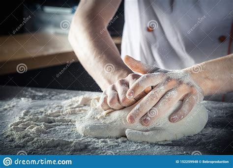 Chef Prepares The Dough With Flour Hands Kneading Raw Dough Horizontal