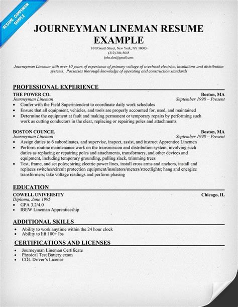 How to write a good president of the company resume. #Journeyman Lineman Resume Sample (resumecompanion.com ...