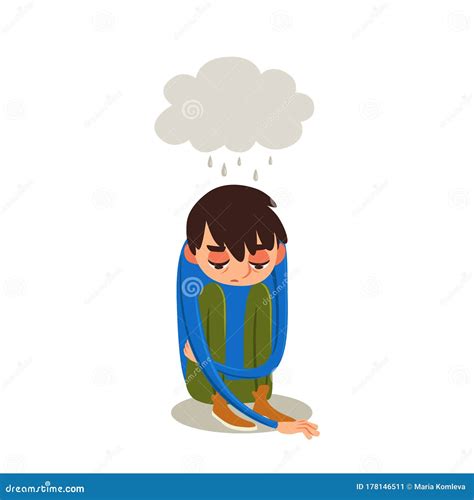 Young Man Sitting On Floor With Gray Cloud Of Sad Thoughts Vector