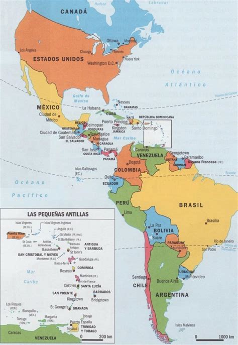 mapa con la división política del continente americano,debe contener