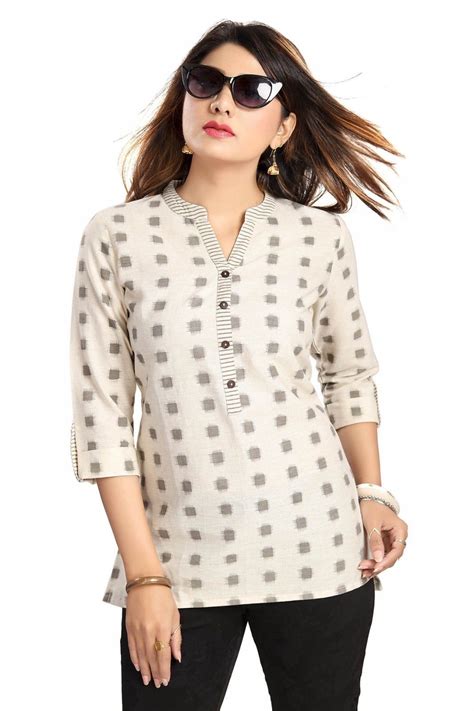 Kurta 155248 Cream Cotton Top Designer Short Kurti Kurtis Tunics For